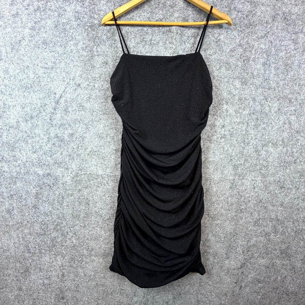 Studio 1011 Mini Bodycon Dress Womens 1X Black Glitter Sparkle Ruched Party Wear